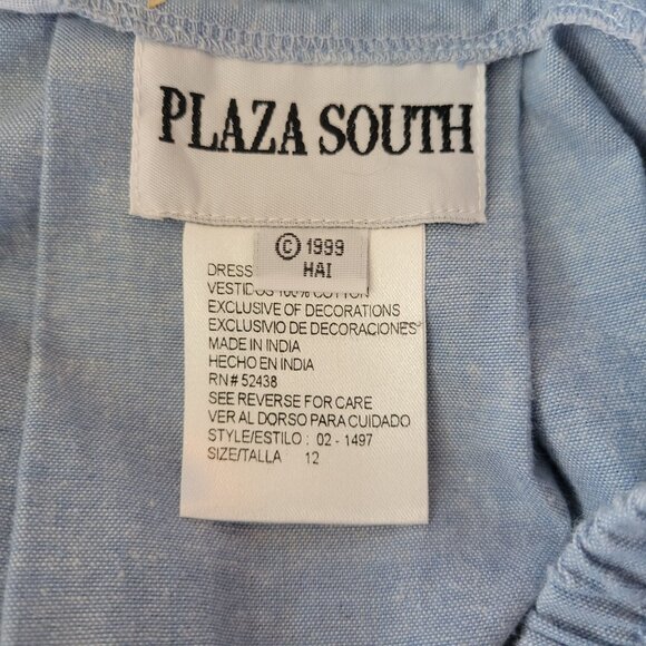 Vintage Plaza South Blue Button-Up Dress Embroidered Collar Pintuck Sz12 India - Picture 5 of 11